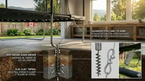 Diagram of a heavy-duty anchoring system used to secure a rectangle trampoline for gymnastics kids against high winds and storms in Canada.