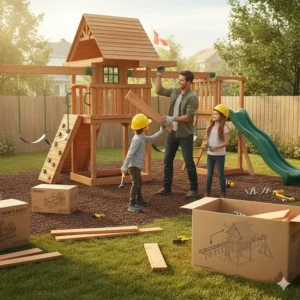 A simplified diagram showing the easy assembly process of a premium backyard play structure for 6-8 year olds.