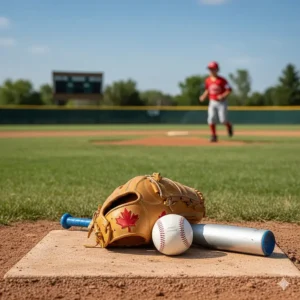 Youth-sized baseball glove and aluminum bat, essential sports gear for kids 6 to 8 years participating in summer T-ball or softball.