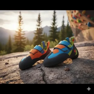 Colorful junior climbing shoes designed for superior grip on Canadian granite and limestone surfaces.