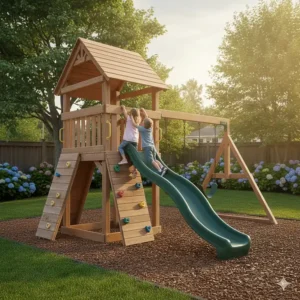 Two children aged 6 to 8 climbing a rock wall attachment on a modern backyard play center.