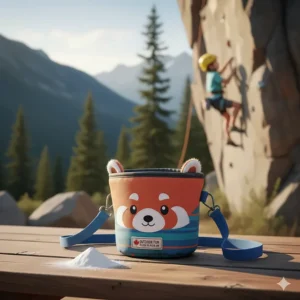 Fun, animal-themed chalk bag and non-toxic climbing chalk for children’s outdoor rock climbing sessions.