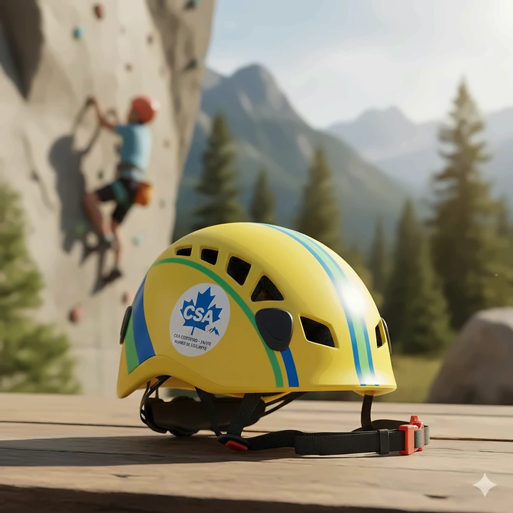 Illustration of a child’s climbing helmet meeting CSA standards for safe outdoor rock climbing in Canada.