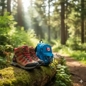 Durable youth hiking boots and a small backpack, ideal outdoor sports gear for kids 6 to 8 years exploring Canadian trails.