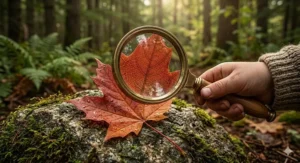 A colorful illustration of a child using a magnifying glass from a nature exploration kit to examine a red maple leaf.