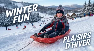 A size guide illustration helping Canadian parents choose the right kids sled for toddlers versus older children.