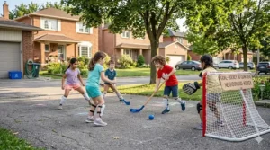 Canadian kids 6 to 8 years old playing street hockey with plastic sticks and a ball on a quiet suburban driveway.