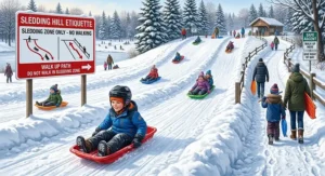 Illustration of a parent easily carrying a lightweight kids sled while walking through a snowy Montreal neighborhood.