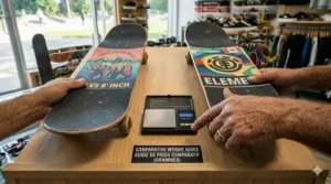 Digital scale showing the weight difference between a 7.5 inch and 8 inch deck for easier "pop" for pre-teens.