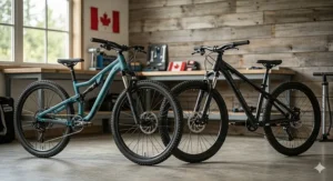 Essential mountain bike protective gear for 10-year-old Canadian riders, including helmets and pads with maple leaf branding.