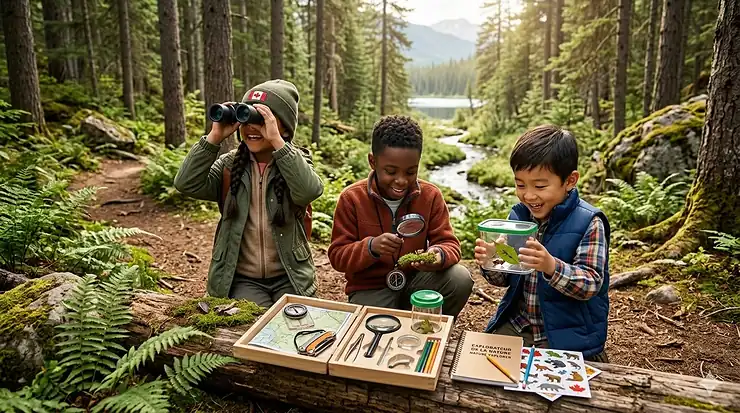 A group of diverse children using a nature exploration kit for kids while hiking through a Canadian pine forest.