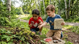 A child using a magnifying glass for a nature scavenger hunt, a top-rated outdoor game for kids 6 to 8 years.