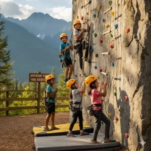A diverse group of children using outdoor climbing equipment for kids at an adventure park in British Columbia, Canada.