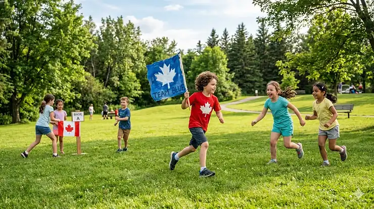 Diverse group of children aged 6 to 8 playing a game of capture the flag in a Canadian park during summer.
