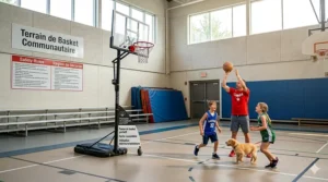 Illustration of a portable basketball hoop (panier de basket portatif) suitable for both indoor and outdoor Canadian courts.