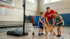 Illustration of a basketball system with built-in wheels being moved into a garage for winter storage in Canada.