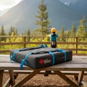 A portable bouldering crash pad for kids featuring heavy-duty straps for hiking to Canadian climbing crags.