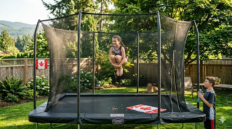 A professional-grade rectangle trampoline for gymnastics kids in a suburban Canadian backyard, featuring a safety enclosure and a young gymnast practicing.