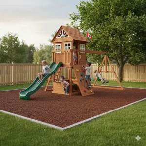 Illustration of a safe play zone with rubber mulch surfacing under a Canadian-made backyard climbing frame.