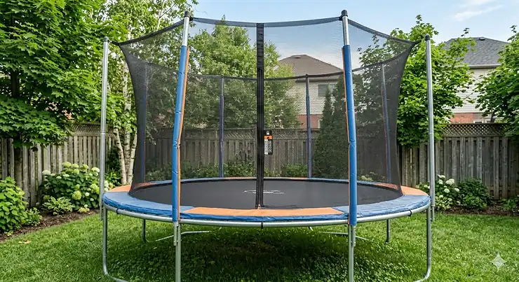 Close-up of a high-density safety enclosure net on a 12 ft outdoor trampoline.