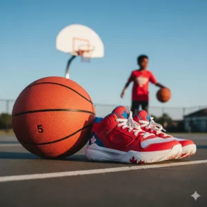 A size 5 basketball and junior sneakers suitable for kids 6 to 8 years old practicing on an outdoor court.
