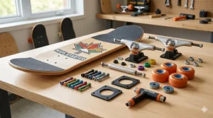 Diagram of a skateboard for 10-year-old beginners highlighting durable trucks, soft wheels for rougher Canadian pavement, and a 7.75-inch deck.