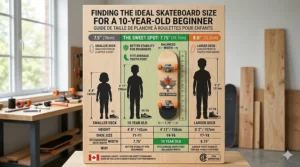 A size guide showing why a 7.5 to 7.75-inch width is the ideal skateboard for a 10-year-old beginner based on height and shoe size.