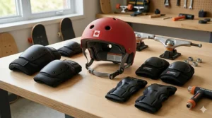 Instructional graphic showing the "Regular" and "Goofy" foot placements for a 10-year-old learning how to balance on a new skateboard.