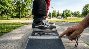 Illustration of youth skate shoes on a 7.5 inch deck to show proper toe and heel placement for 11 year olds.