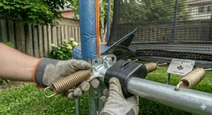 High-detail shot of the steel frame joints and enclosure pole attachment on a 12 ft trampoline.