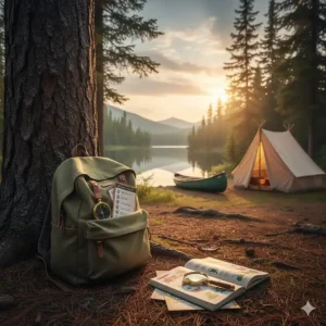 Minimalist illustration of an eco-friendly nature exploration kit for kids made from sustainable wood, set against a forest backdrop.