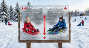 Comparison layout of a classic wooden Canadian toboggan versus a modern plastic saucer kids sled.