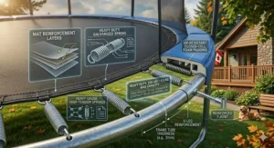 Technical diagram of reinforced T-joint assembly for maximum stability on a heavy duty trampoline 250 lbs capacity.