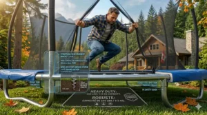 Heavy duty corkscrew anchor kit for a 250 lbs capacity trampoline to prevent wind lift in open Canadian plains.