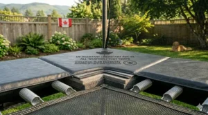 High-detail illustration of thick, UV-resistant safety padding on a rectangle trampoline for gymnastics kids, built for the Canadian summer sun.