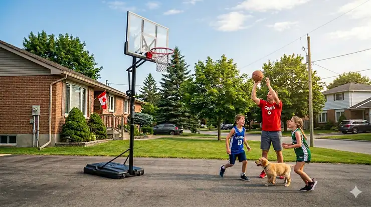 Durable portable basketball hoop under $300 designed to withstand Canadian winter conditions and rust.