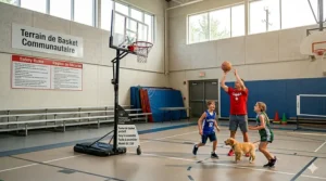 Close-up of a portable basketball hoop base filled with sand or water for stability during windy Canadian weather.