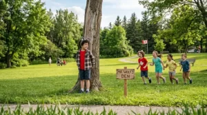 Canadian kids playing What Time is It Mr. Wolf, a popular outdoor game for kids 6 to 8 years in schoolyards.