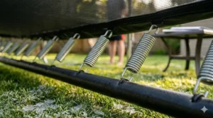 Illustration of a heavy-duty rectangle trampoline for gymnastics kids designed with rust-resistant steel for Canadian winter durability and snow resistance.