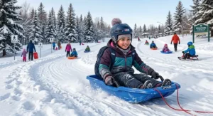 Graphic featuring the text "Winter Fun" and "Plaisirs d'hiver" with a child enjoying a kids sled in the snow.