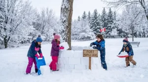 Two children in winter gear building a snow fort, highlighting active winter outdoor games for kids 6 to 8 years.