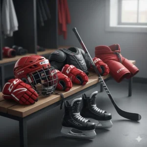 Protective ice hockey gear for kids 6 to 8 years, including a helmet, skates, and gloves, designed for Canadian minor hockey.