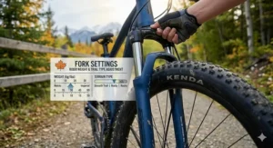 Close-up illustration of the front suspension fork on a value youth mountain bike for absorbing bumps on rocky trails.