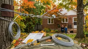A joyous young girl with a Canadian flag decal on her helmet and a striped fleece jacket glides mid-ride on a backyard zip line kit in a detailed autumn setting. Her hand grips the trolley handle.