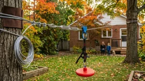 High-angle view of a girl using an overhead training line for balance on a slackline for beginners age 10-12 in a forest setting.