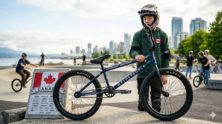 A teenager performing a trick on a professional BMX bike for a 14 year old at a Canadian urban skate park.