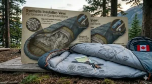 A child sitting in a cozy youth sleeping bag under 100 dollars while camping in a Canadian provincial park. | Un enfant dans un sac de couchage pour jeunes à moins de 100 dollars dans un parc provincial canadien.