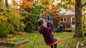 A ground-level 'flat lay' product shot of the zip line gear components, including the pulley, carabiners, clamps, gloves, and tools, laid out next to a coiled cable and a bilingual instruction manual on leaf-strewn grass in a detailed autumn backyard.