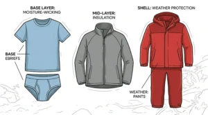 Illustration of a three-layer clothing system for Canadian tweens, featuring moisture-wicking base layers and a lightweight rain shell.