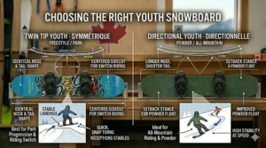 Infographic summarizing how to choose between twin tip and directional boards for kids in the Canadian Rockies.